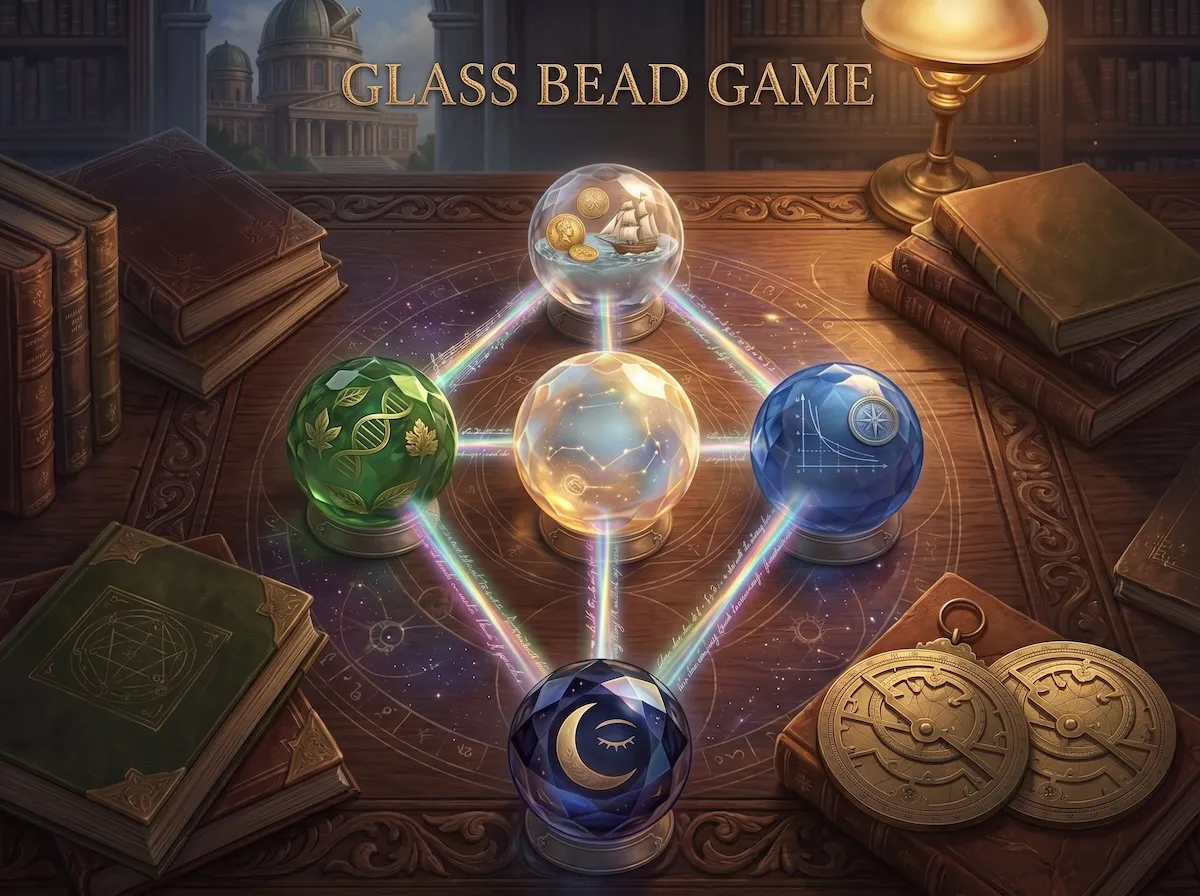 Glass Bead Game cover art: five glowing glass beads joined by beams of light on a scholar’s desk among old books