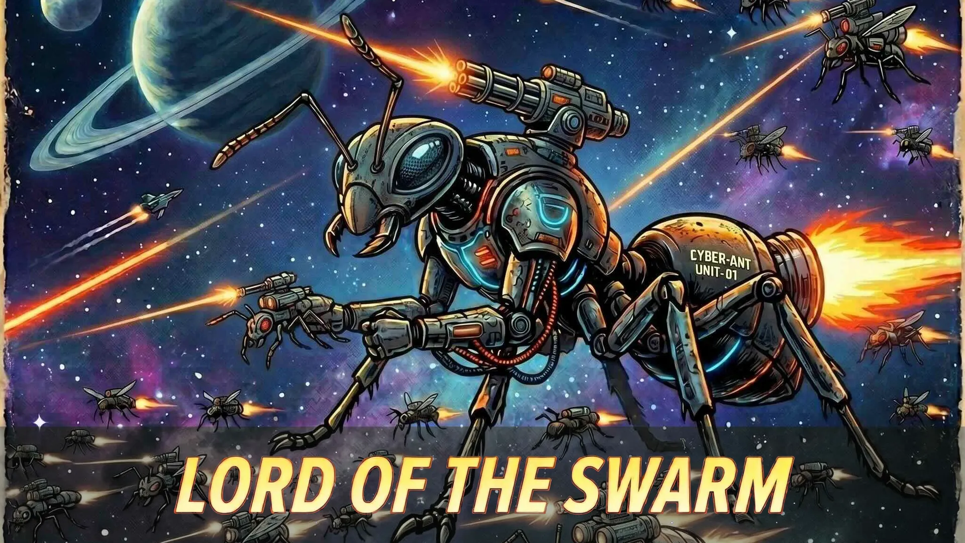 Lord of the Swarm cover art: a cyborg ant with a mounted cannon amid a swarm of armed flies in space