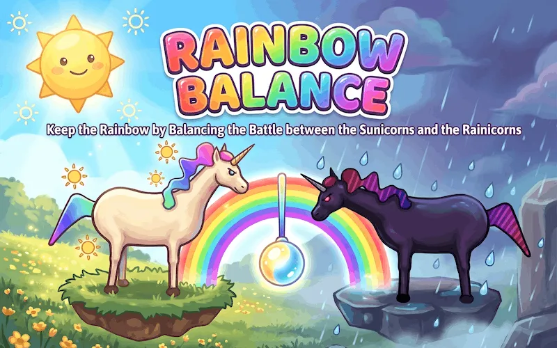 Rainbow Balance title art: a white Sunicorn and a dark Rainicorn face off beneath a rainbow